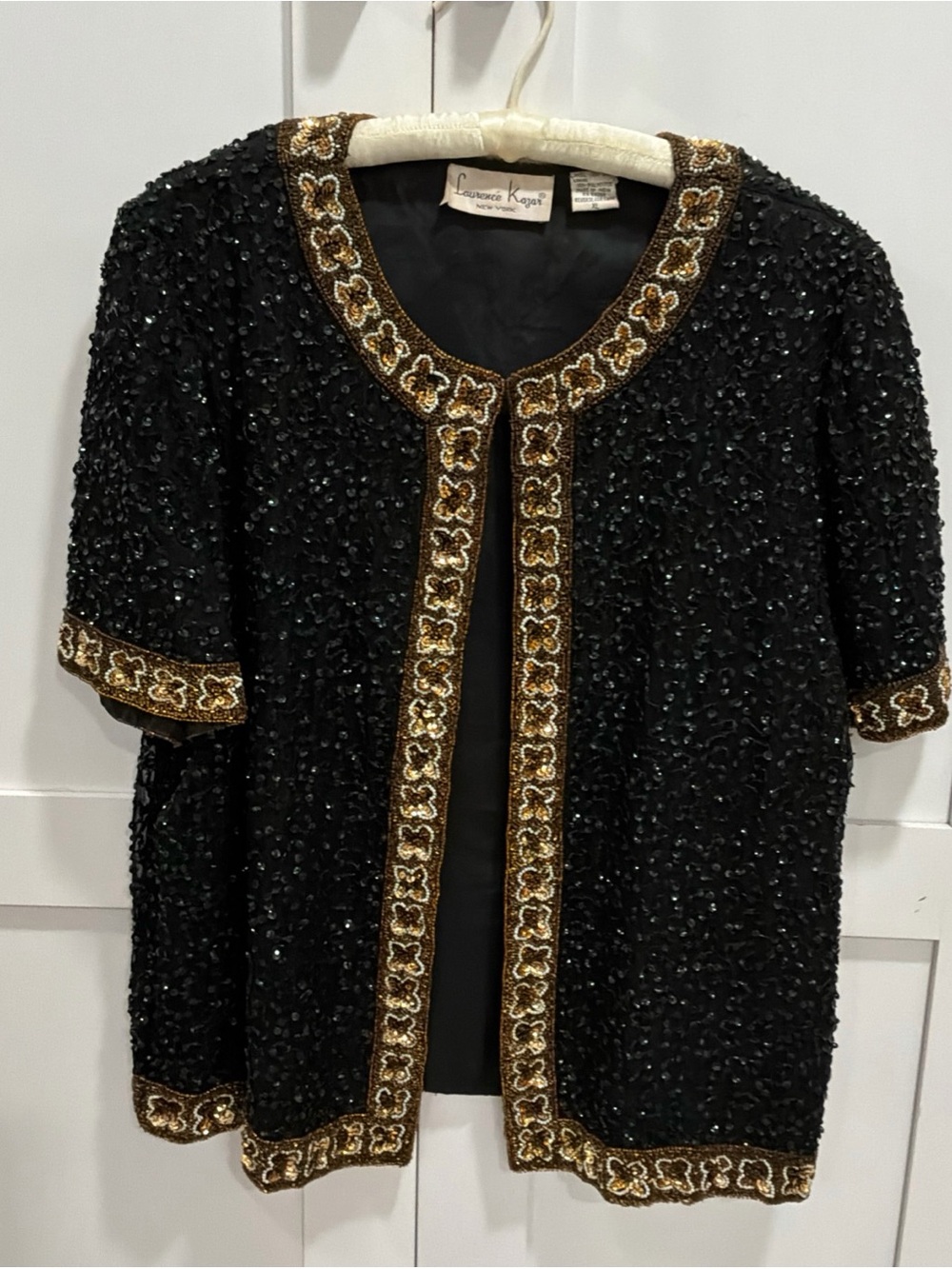 Vintage Laurence Kazar Black and Gold Beaded Silk Cardigan Size XL